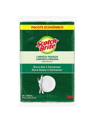 Esponja Multiuso Reutilizável <br> Cor Verde + Amarela - Marca 3M / Scocth Brite <br> c/ 4 Unidades