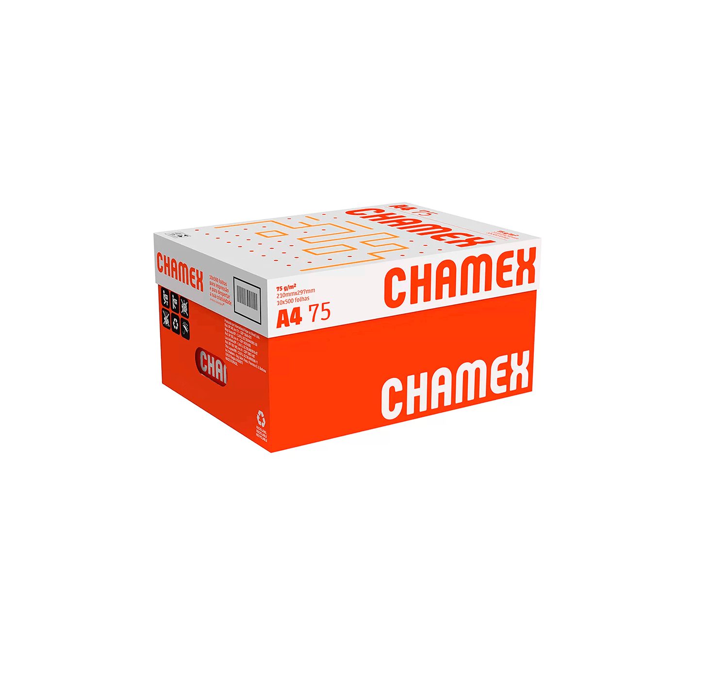 Papel A4 Sulfite 75g/m² – Marca Chamex <br> Tamanho 210mm X 297mm <br> Caixa Master com 10 Resmas de 500 Folhas