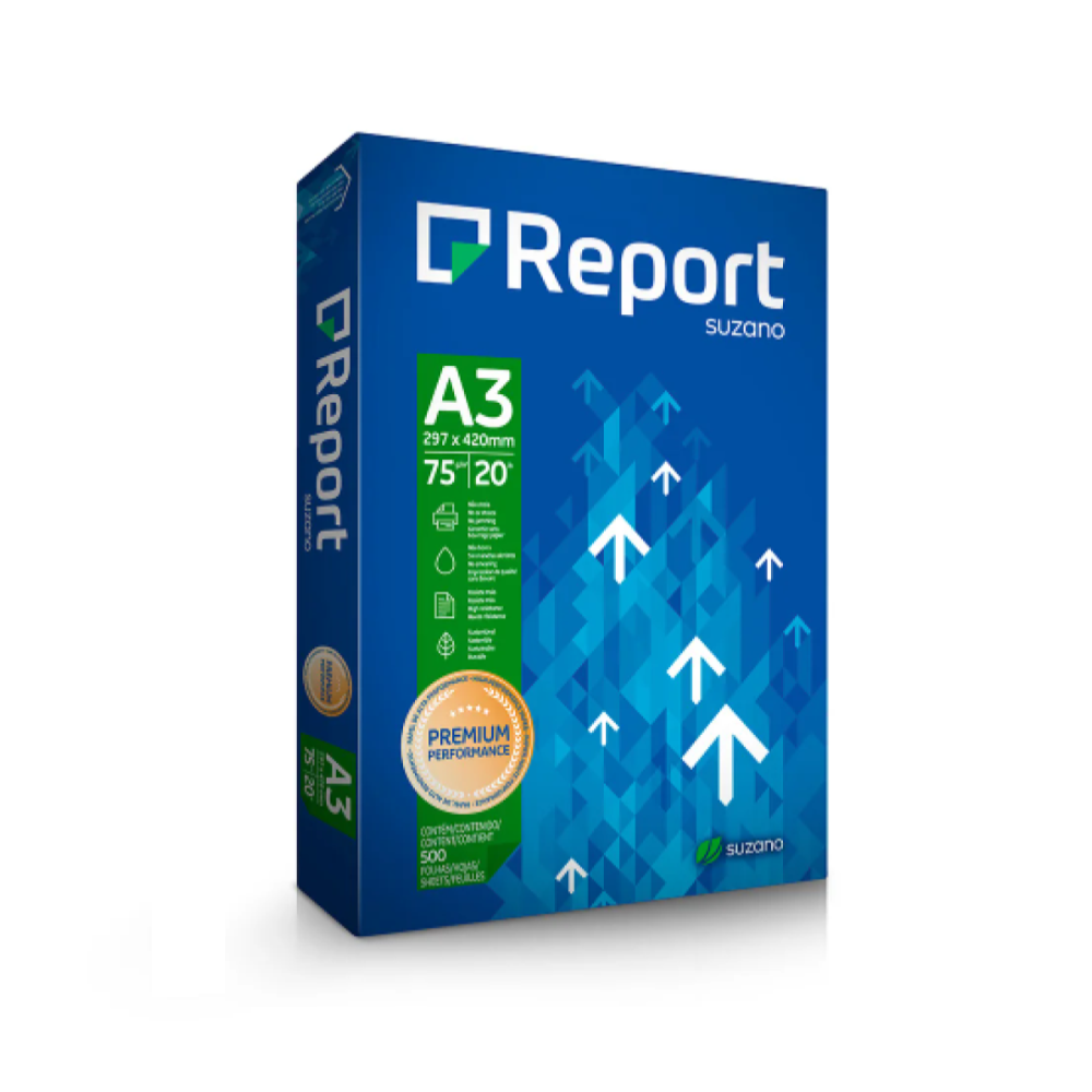 Papel A3 Sulfite 75g/m² – Marca Report Suzano – Tamanho 297mm x 420mm – Resma c/ 500 Folhas