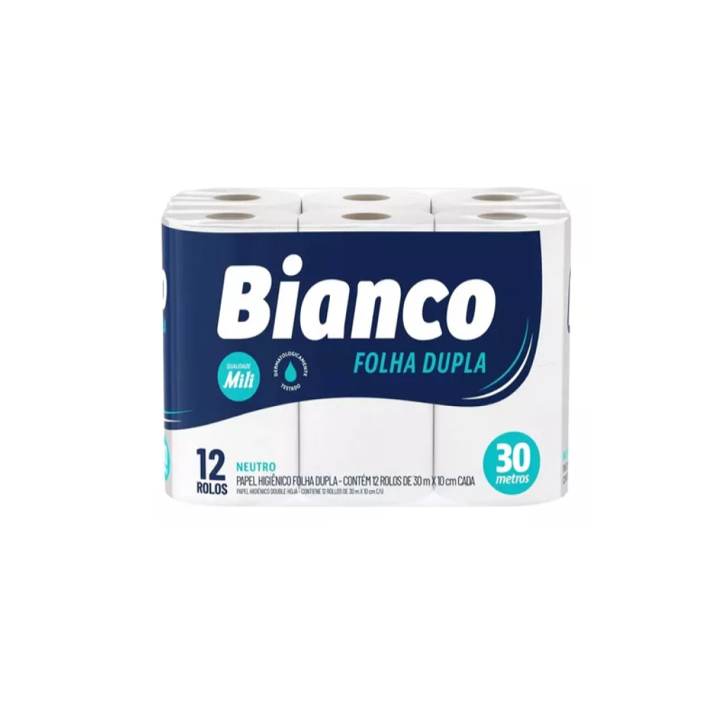 Papel Higiênico Rolo – Folha Dupla – Marca Bianco – Medida 10cm x 30m cada – Pacote c/ 12 Rolos