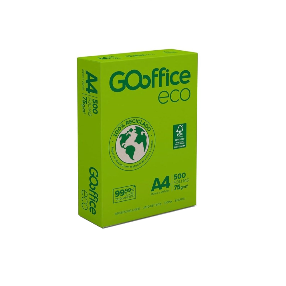 Papel A4 Eco Reciclado 75g/m² – Marca Go Office – Tamanho 210mm x 297mm – Caixa Master c/ 10 Resmas de 500 Folhas