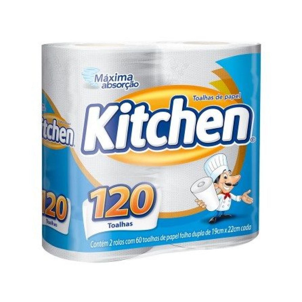 Papel Toalha Rolo – Folha Dupla – Marca Kitchen – Medida 19cm x 20,5cm cada – Pacote c/ 2 Rolos de 60 Toalhas cada