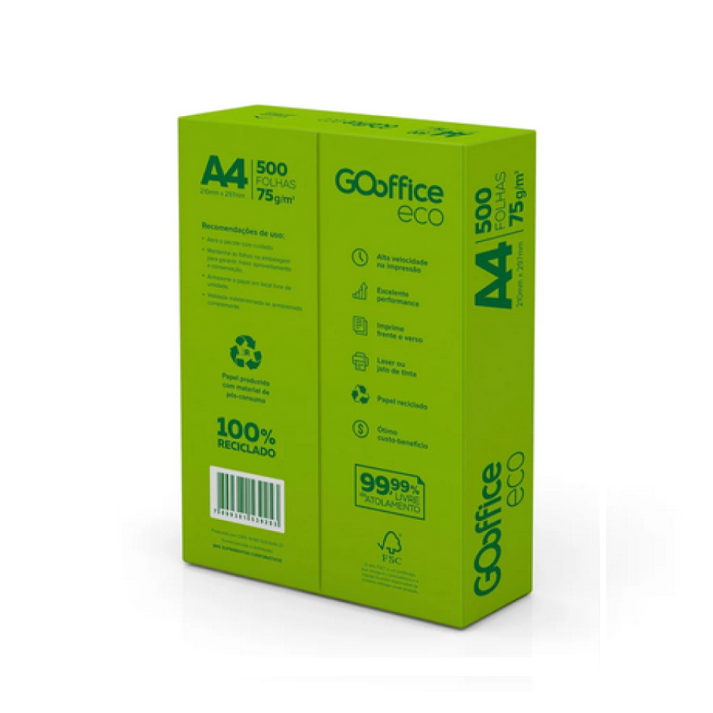 Papel A4 Eco Reciclado 75g/m² – Marca Go Office – Tamanho 210mm x 297mm – Resma c/ 500 Folhas