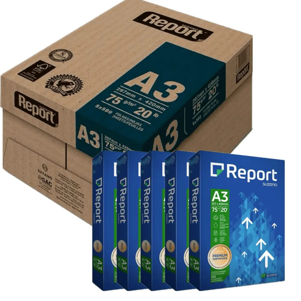 Papel A3 Sulfite 75g/m² – Marca Report Suzano – Tamanho 297mm x 420mm – Resma c/ 500 Folhas