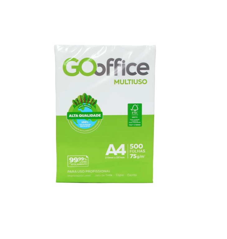 Papel A4 Sulfite 75g/m² – Marca Go Office <br> Tamanho 210mm X 297mm <br> Resma c/ 500 Folhas