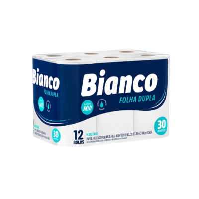 Papel Higiênico Rolo – Folha Dupla – Marca Bianco – Medida 10cm x 30m cada – Pacote c/ 12 Rolos