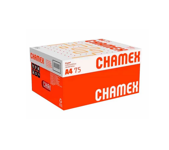 Papel A4 Sulfite 75g/m² – Marca Chamex <br> Tamanho 210mm X 297mm <br> Caixa Master com 10 Resmas de 500 Folhas