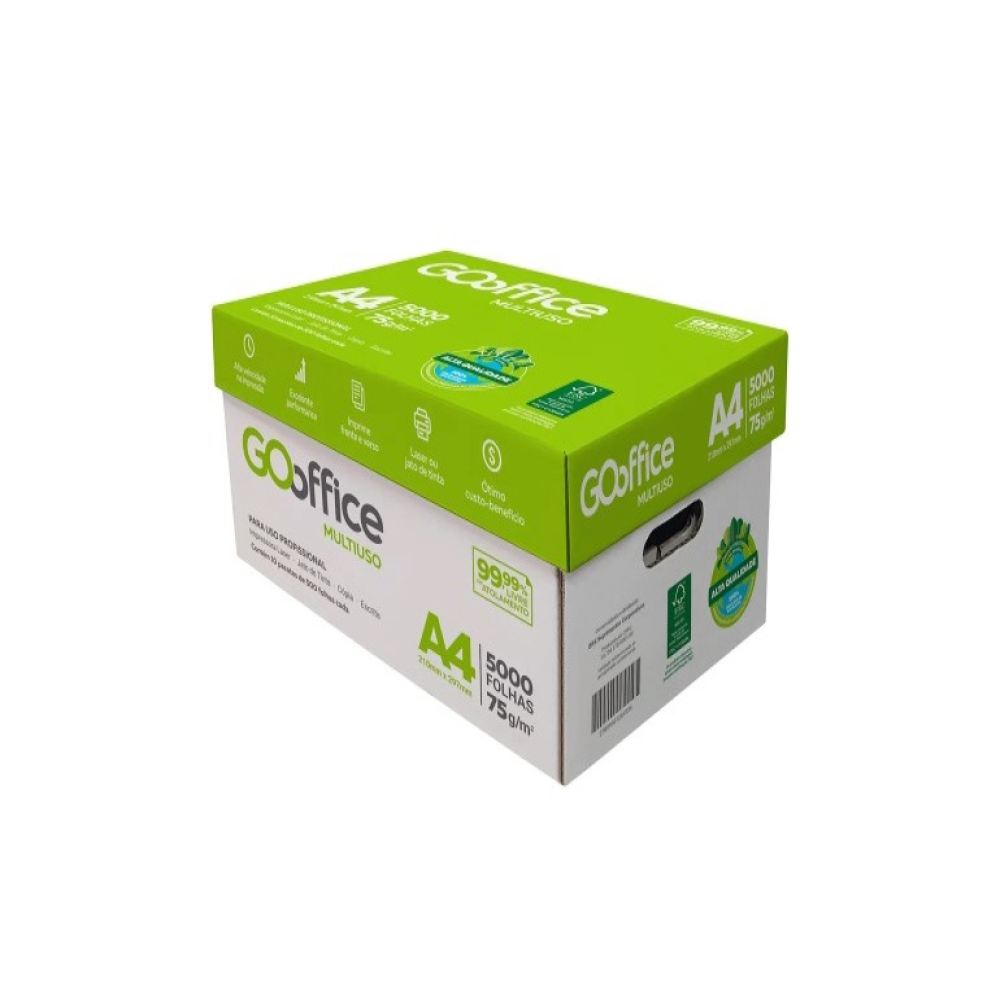 Papel A4 Eco Reciclado 75g/m² – Marca Go Office – Tamanho 210mm x 297mm – Caixa Master c/ 10 Resmas de 500 Folhas