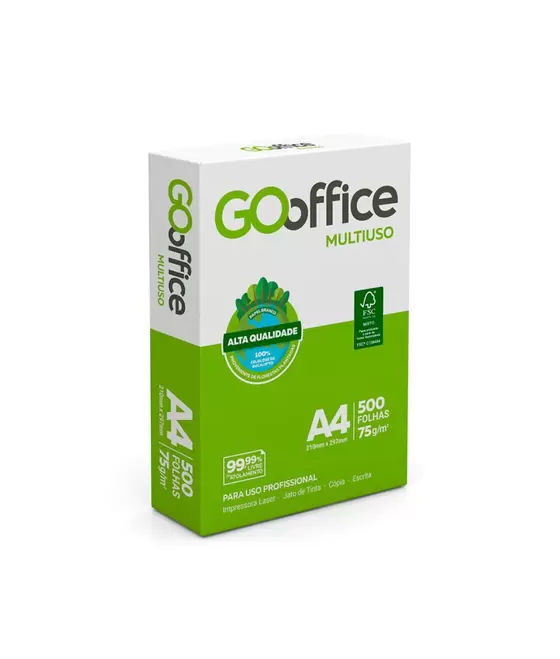 Papel A4 Sulfite 75g/m² – Marca Go Office <br> Tamanho 210mm X 297mm <br> Resma c/ 500 Folhas