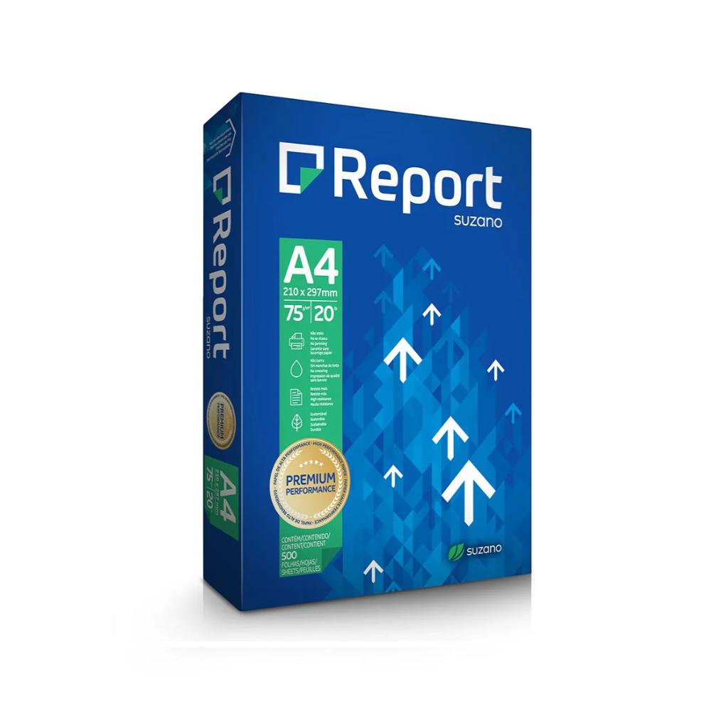Papel A4 Sulfite 75g/m² – Marca Report Suzano – Tamanho 210mm x 297mm – Resma c/ 500 Folhas