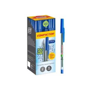 Caneta Esferográfica – Modelo Ponta Fina 0.7 – Marca Compactor – Tinta Cor Azul – Caixa com 25 Unidades
