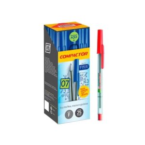 Caneta Esferográfica – Modelo Ponta Fina 0.7 – Marca Compactor – Tinta Cor Vermelha – Caixa com 25 Unidades